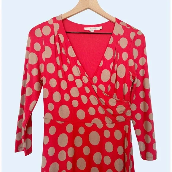 BODEN Polka Dot Faux Wrap Dress Coral Beige Size 8 - Picture 2 of 6